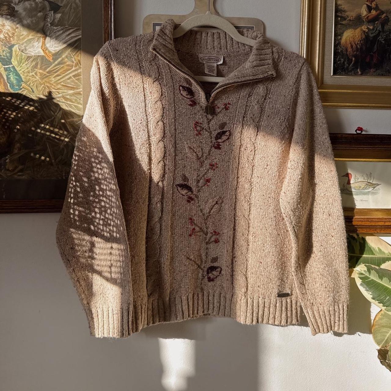 Oatmeal knit autumn embroidered sweater (XS)