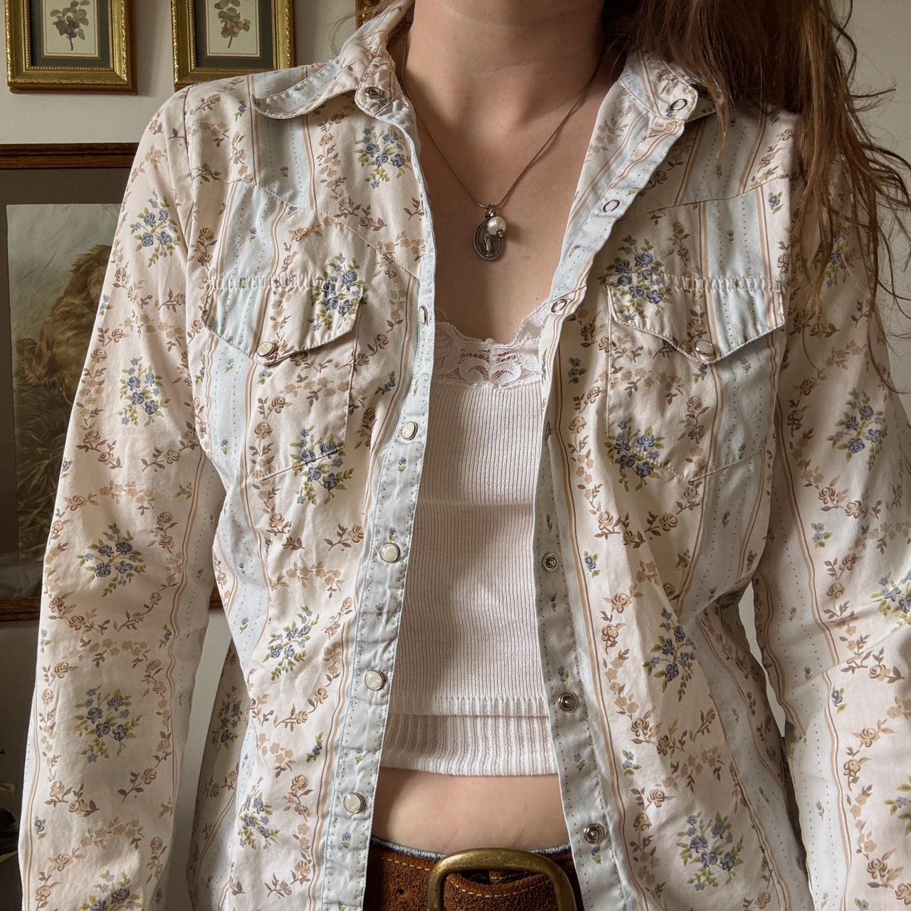 Cream and blue floral western button-up (S)