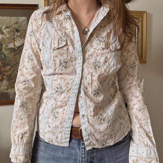 Cream and blue floral western button-up (S)
