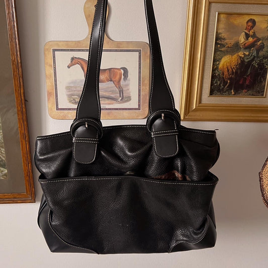 Black leather buckle tote