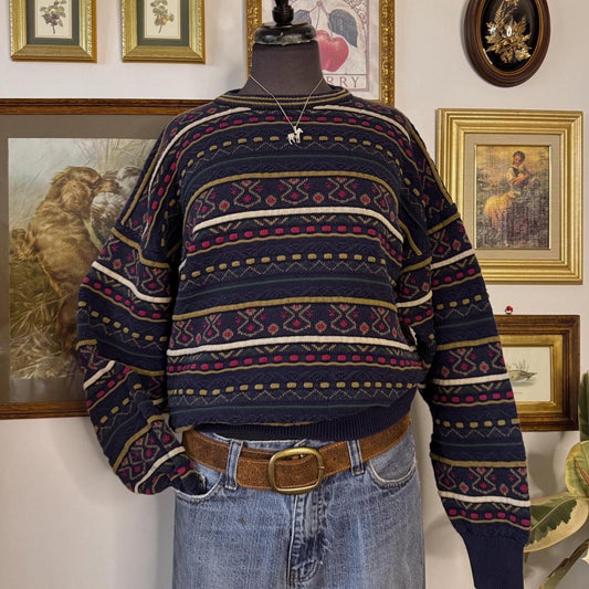 Navy & burgundy 90s striped sweater (L)