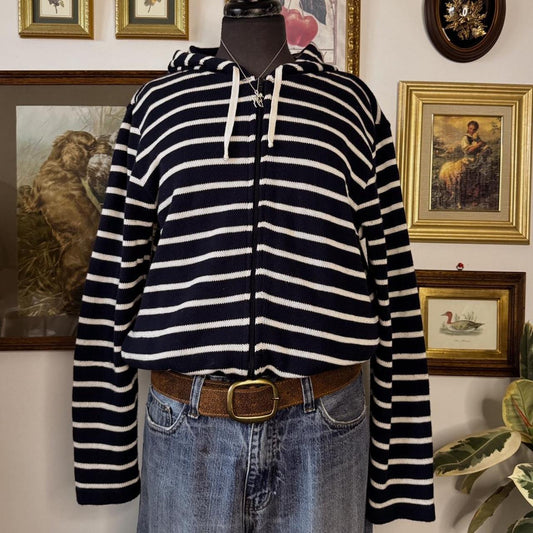 Navy striped knit zip up hoodie (S)