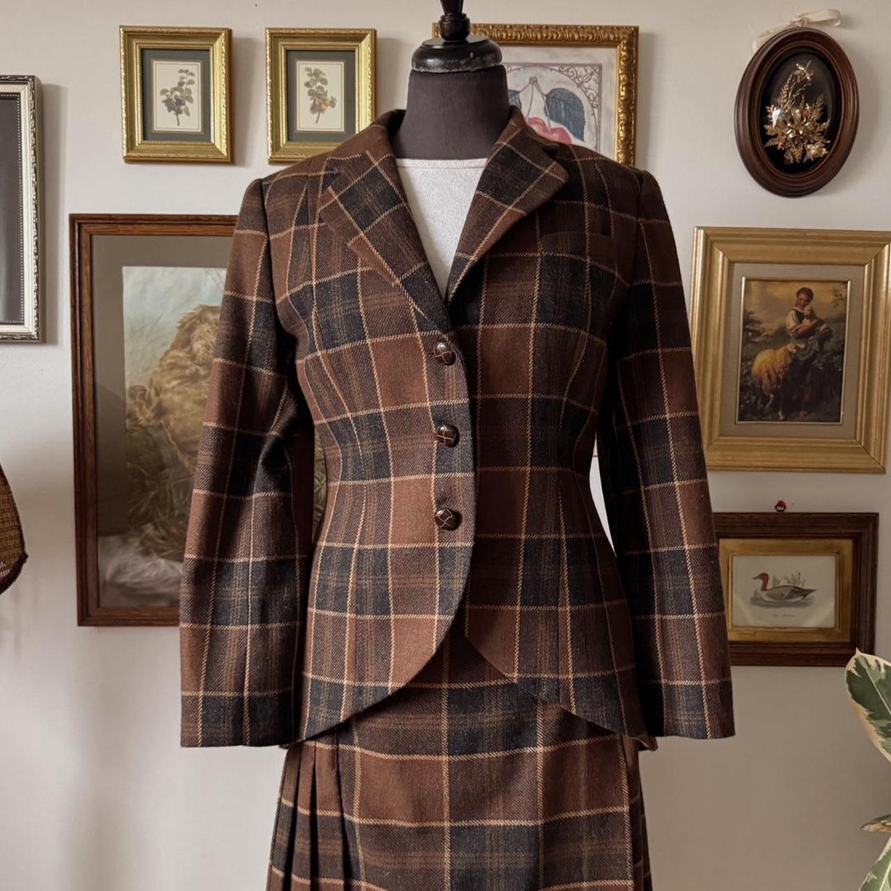 Vintage brown plaid wool skirt set (M)