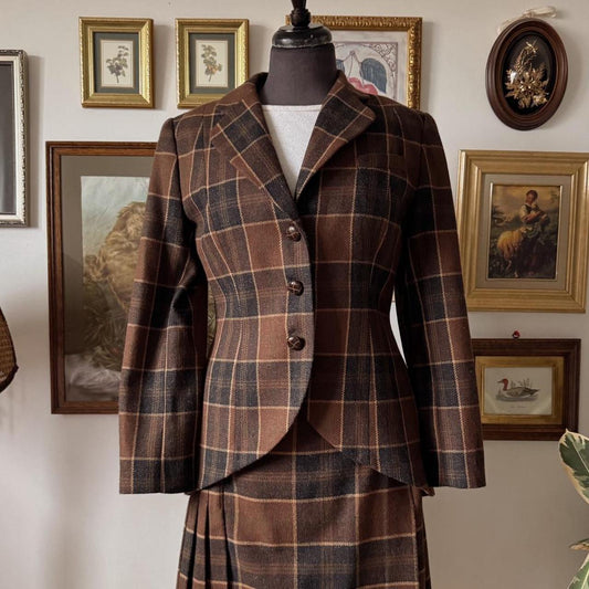 Vintage brown plaid wool skirt set (M)
