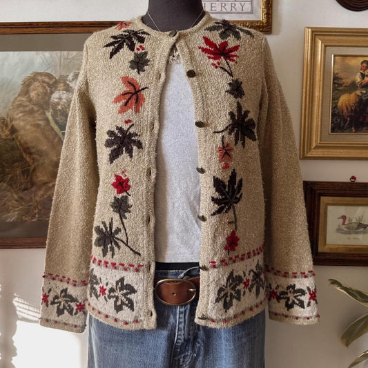 Oatmeal fall leaves embroidered cardigan (S)