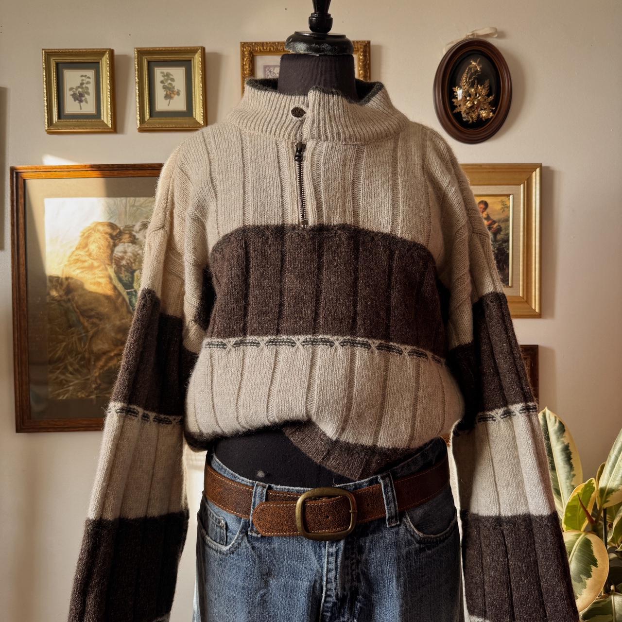 Brown & cream striped wool knit sweater (L)