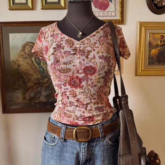 Pink mesh floral baby tee (S)