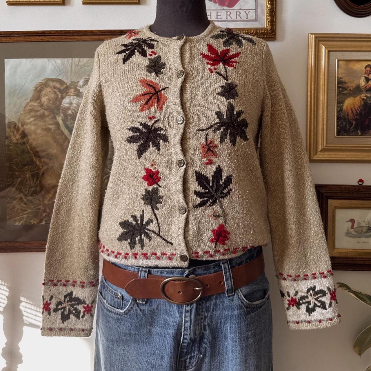 Oatmeal fall leaves embroidered cardigan (S)