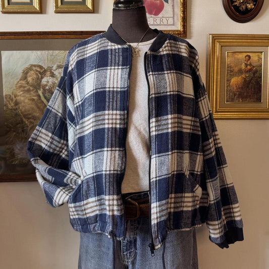 Blue plaid flannel bomber jacket (L)