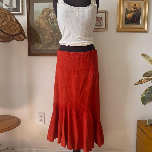 Deep orange linen ruffle skirt (S)