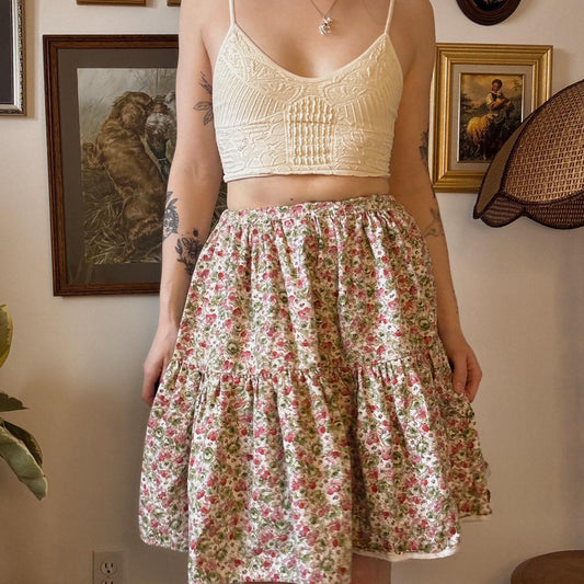 Pink floral tiered midi skirt (XXS)