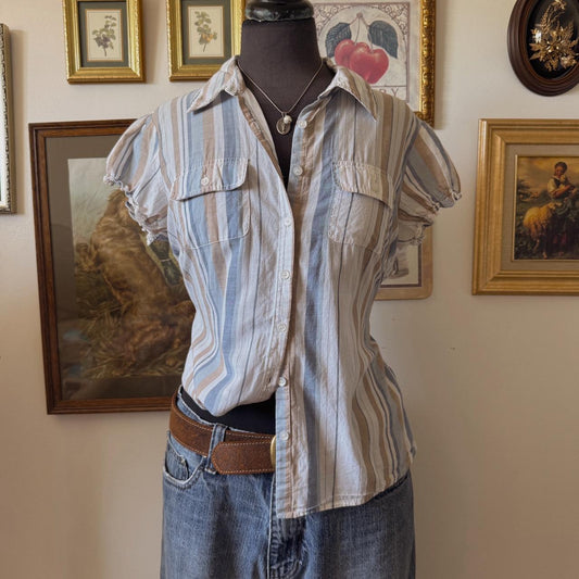 Blue striped cotton button up (L)