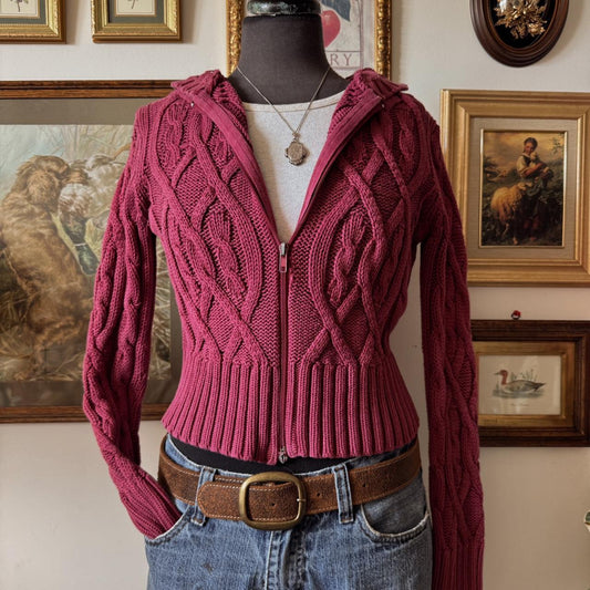 Burgundy cable knit zip up sweater (S)