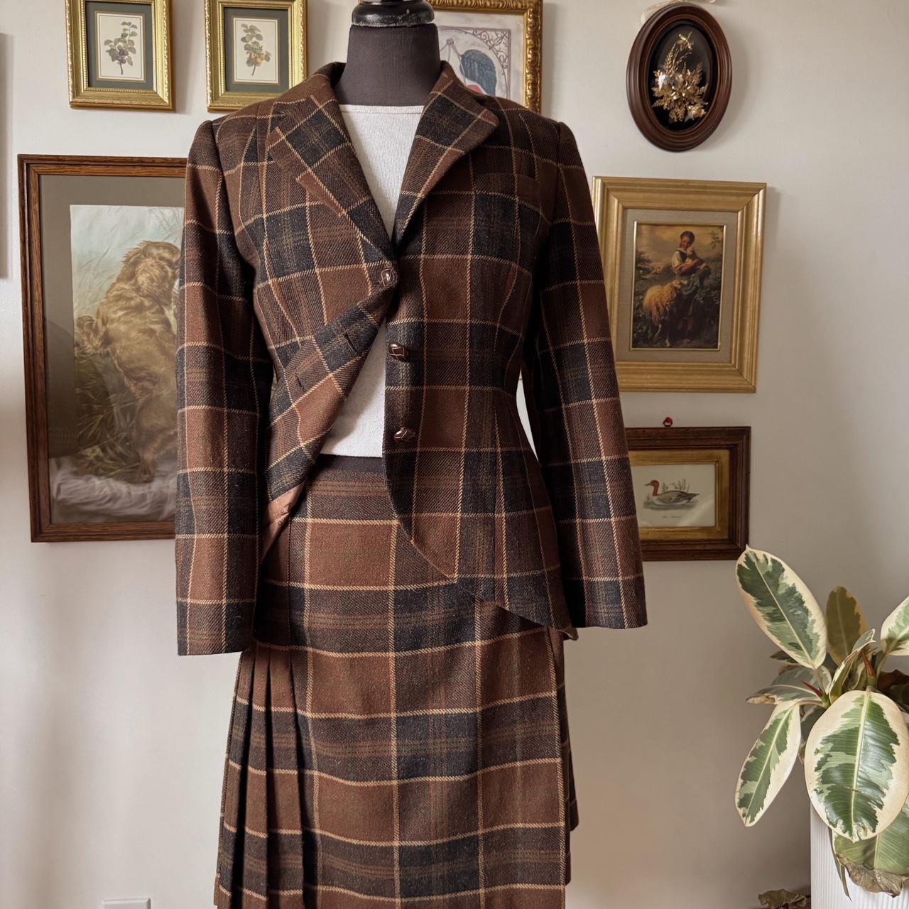Vintage brown plaid wool skirt set (M)
