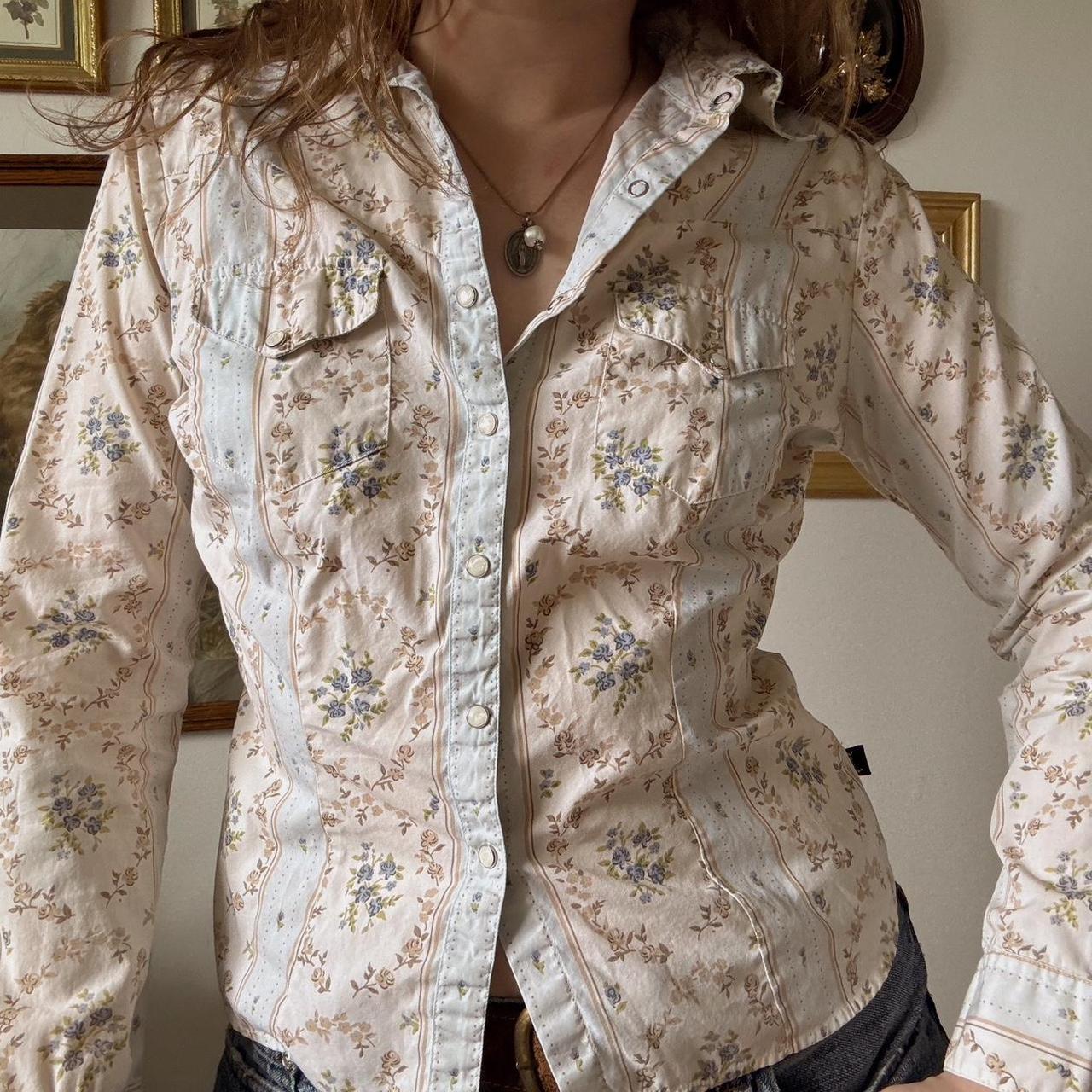 Cream and blue floral western button-up (S)