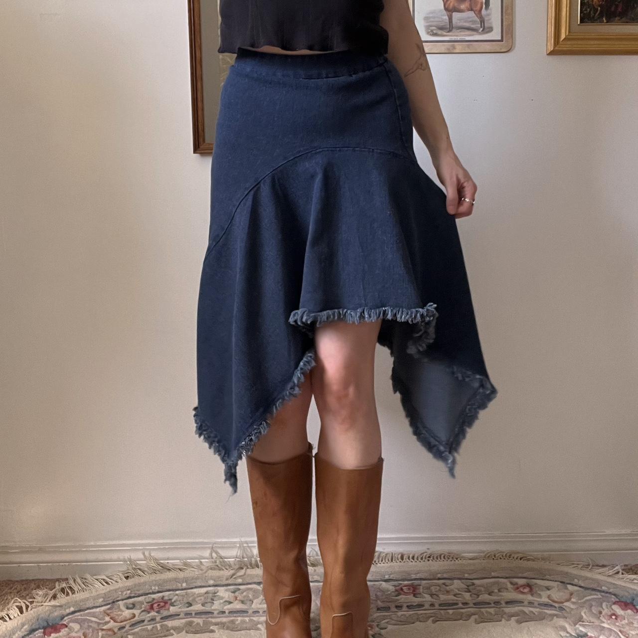 Asymmetrical denim midi skirt (24")