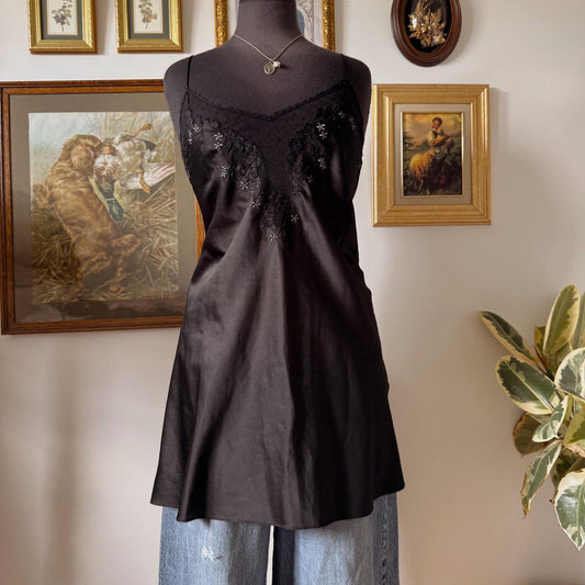 Black satin slip dress (L)