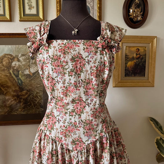 Floral 80s drop waist dress (L)