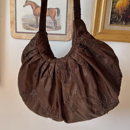 Whimsical floral embroidered slouch bag