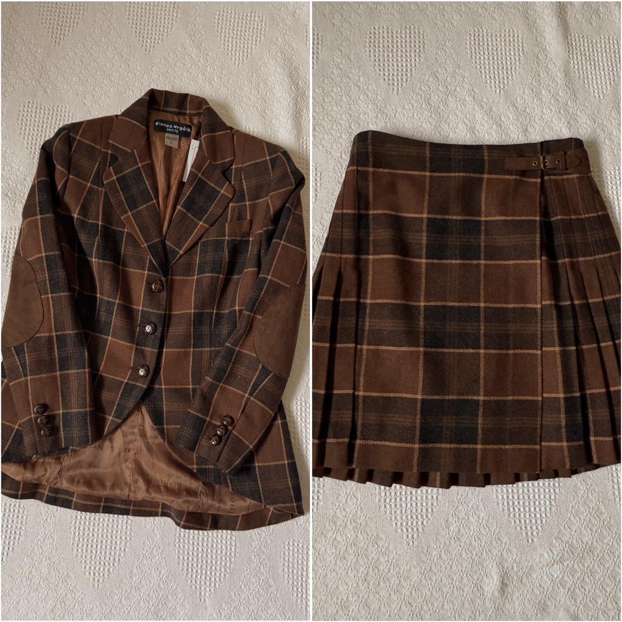 Vintage brown plaid wool skirt set (M)