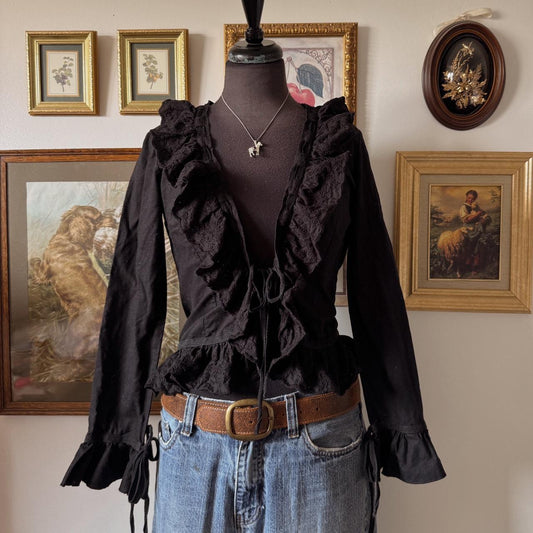 Black ruffle tie front blouse (S)