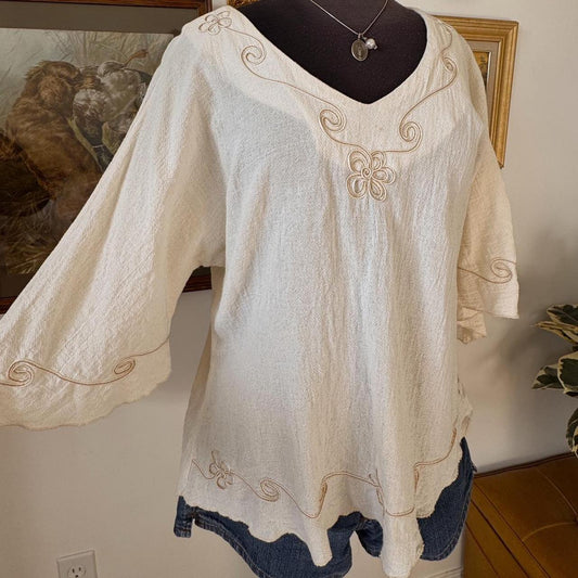 Cream boho embroidered blouse (XL)