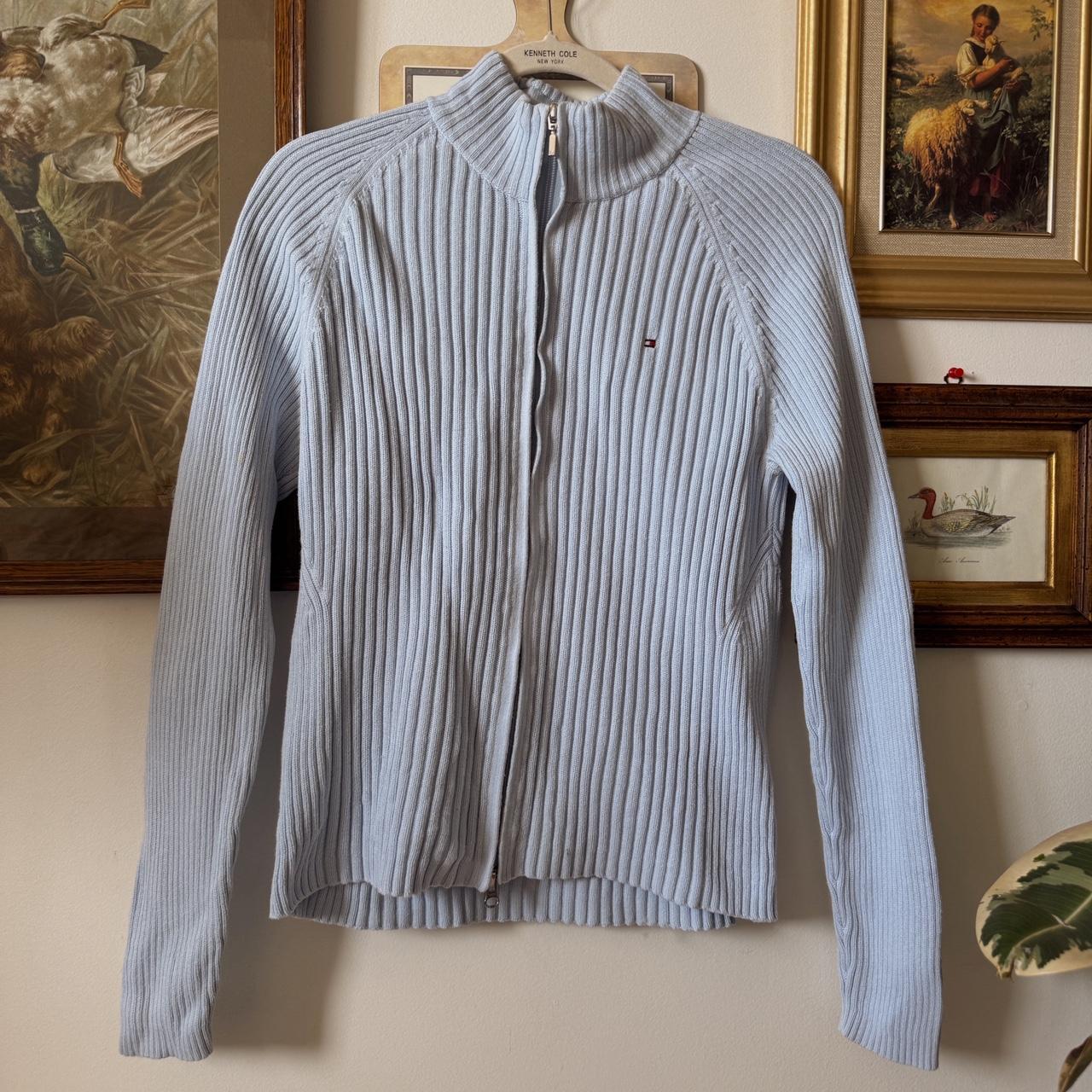 Sky blue knit mock neck zip up (L)