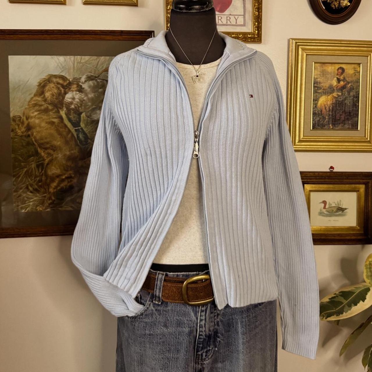 Sky blue knit mock neck zip up (L)