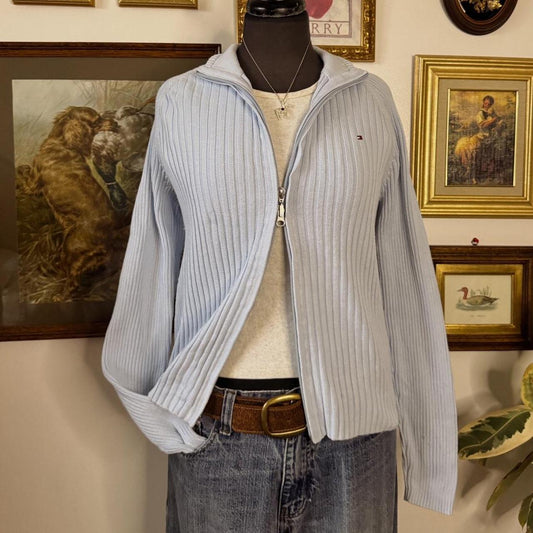 Sky blue knit mock neck zip up (L)
