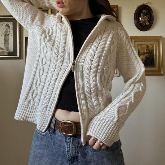 White cable knit zip up sweater (L)