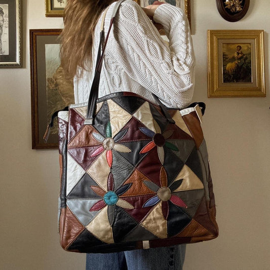 Vintage leather flower patchwork tote bag