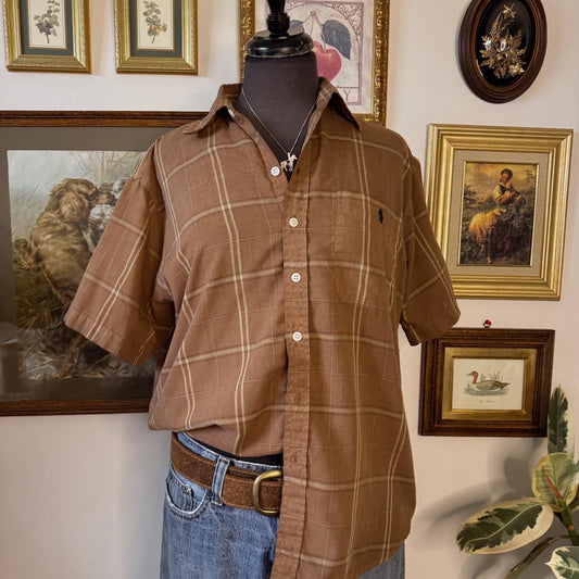 Earthy brown cotton plaid button up (M)