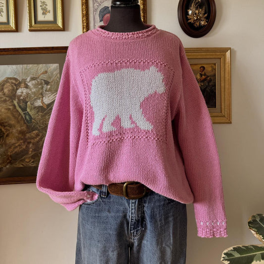 Pink polar bear chunky knit sweater (L)