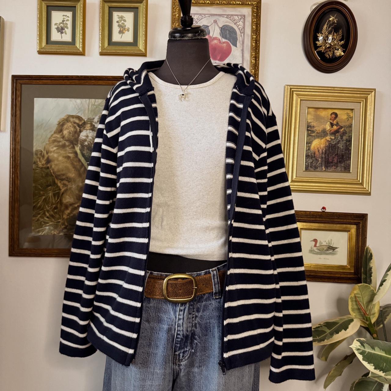 Navy striped knit zip up hoodie (S)