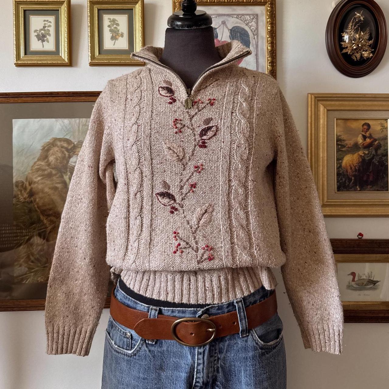 Oatmeal knit autumn embroidered sweater (XS)