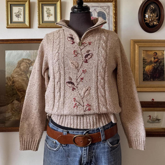 Oatmeal knit autumn embroidered sweater (XS)