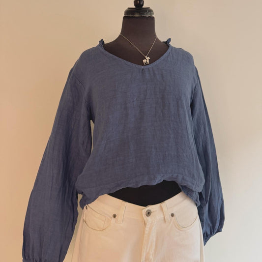 Navy linen coastal blouse (S)