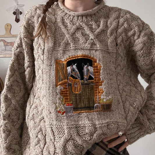 Chunky cable knit horse sweater (L)