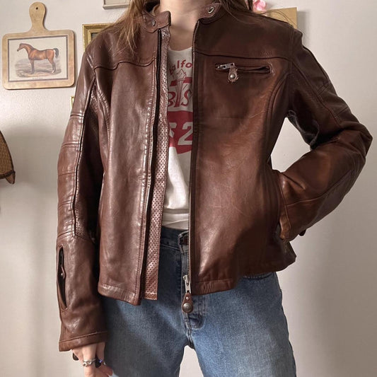 Brown leather moto jacket (M)