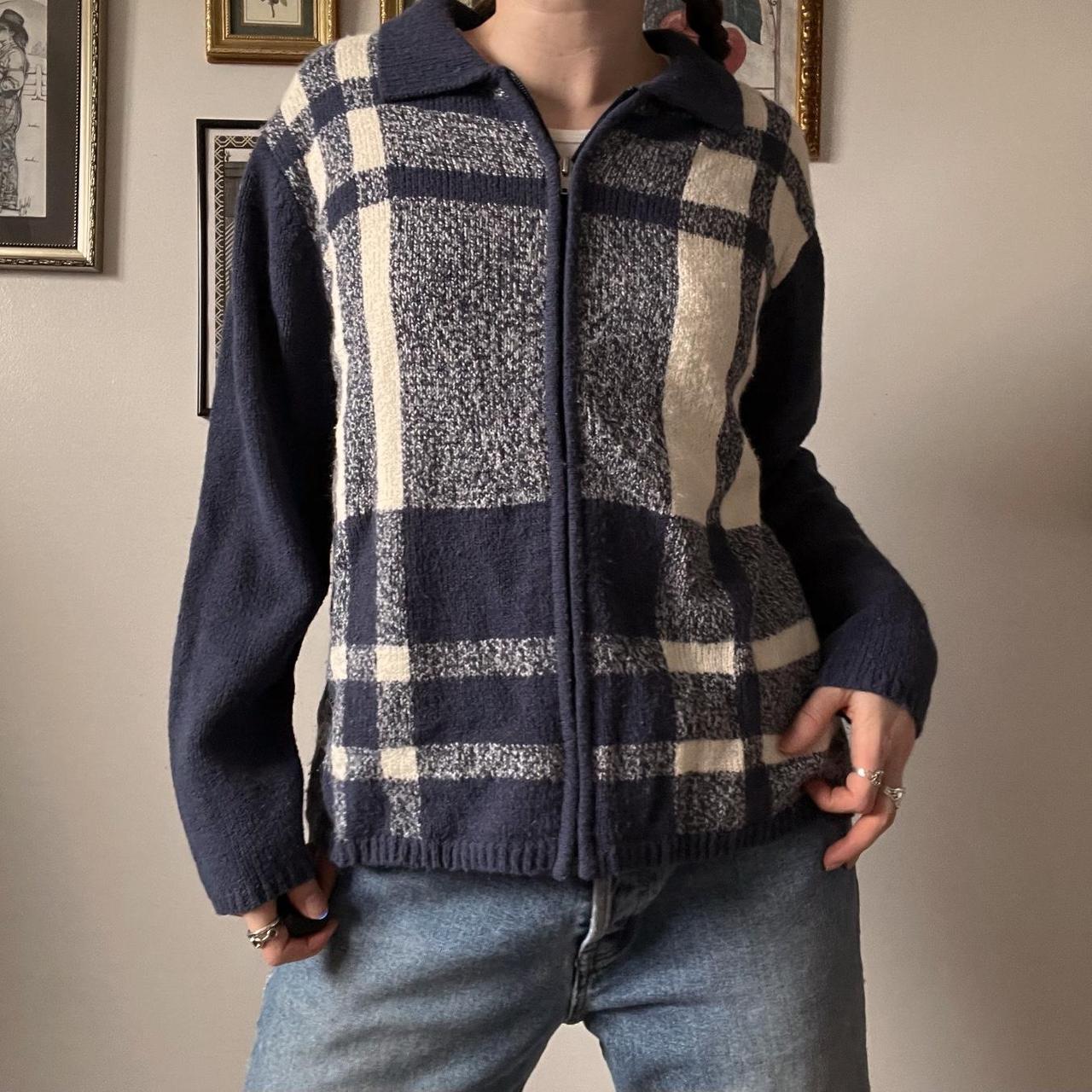 Blue plaid knit cardigan (M)