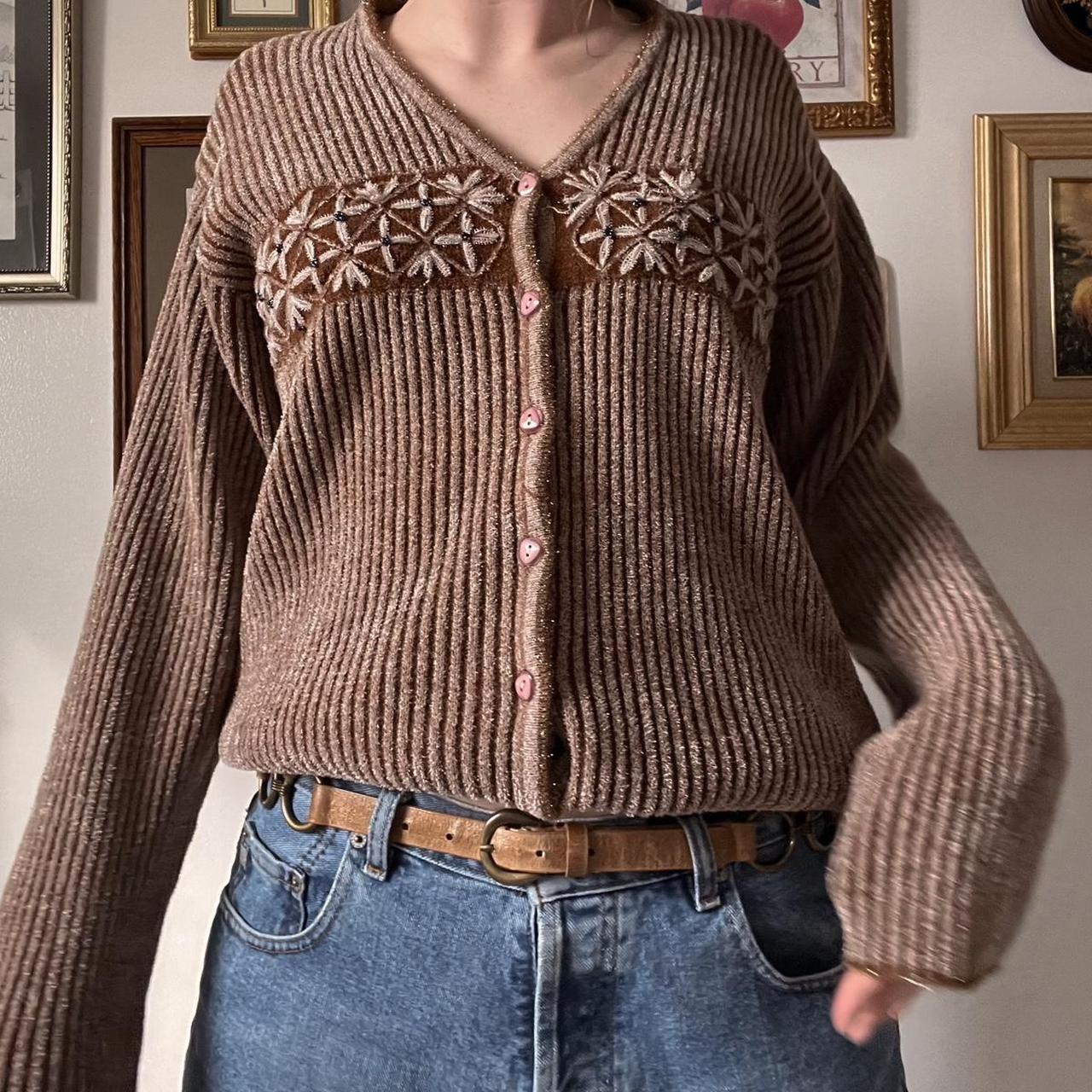 Brown flower knit cardigan (M)