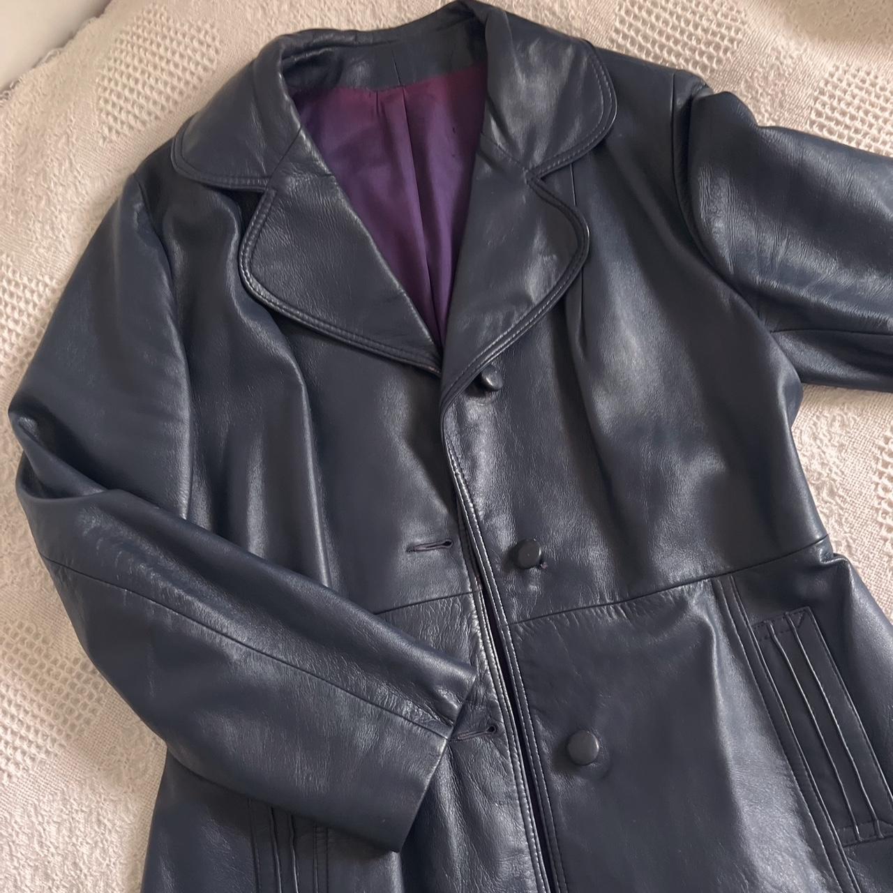 70s navy blue leather trench jacket (M)