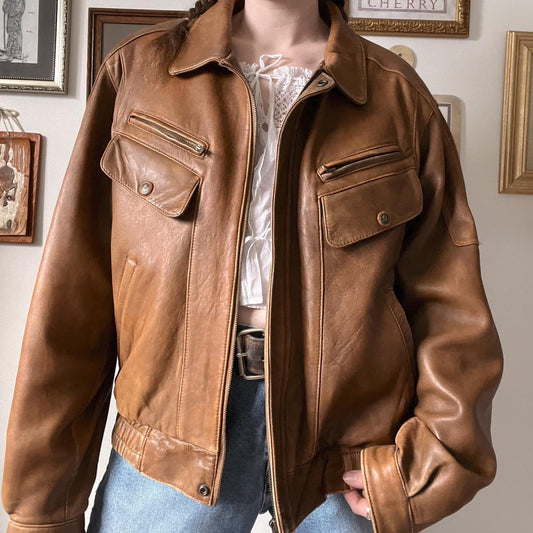 Caramel leather bomber jacket (L)