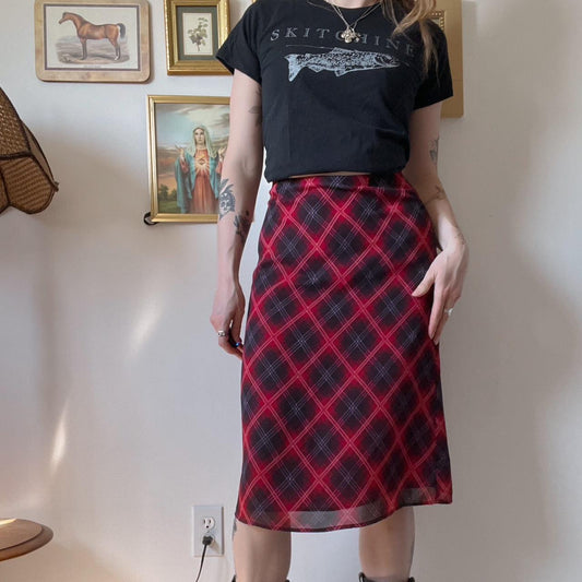 Cherry red plaid midi skirt (6)