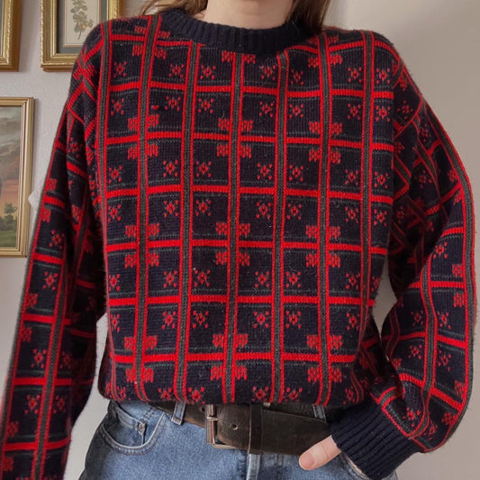 Vintage red checkered knit sweater (S)