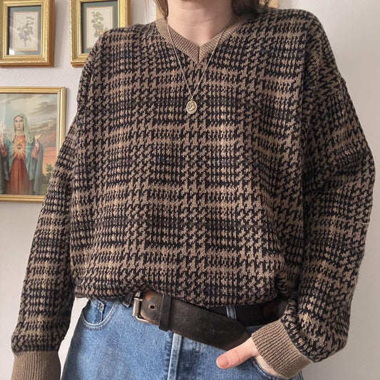 Brown checkered grandpa sweater (M)