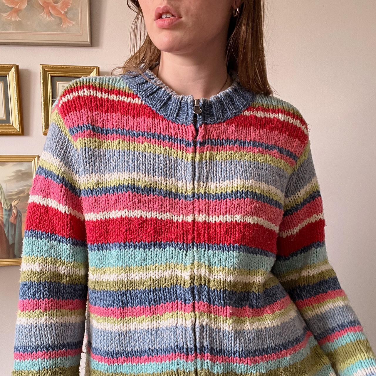 Cozy rainbow striped knit cardigan (L)