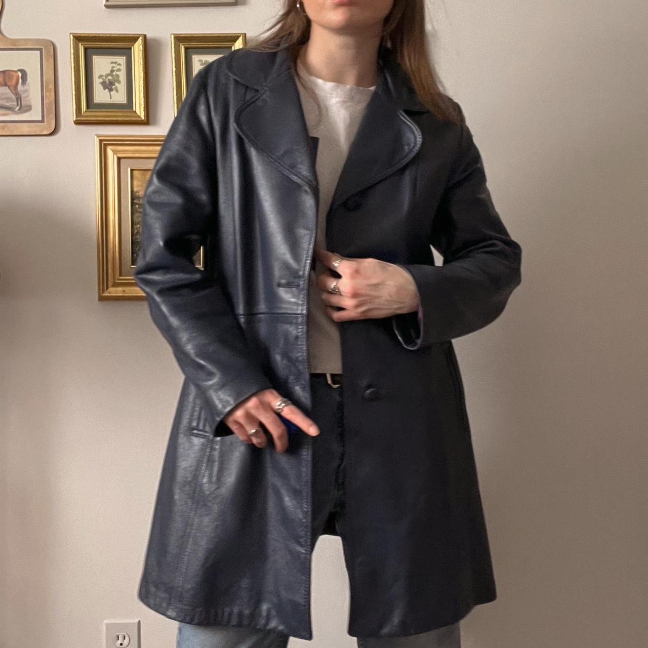 70s navy blue leather trench jacket (M)