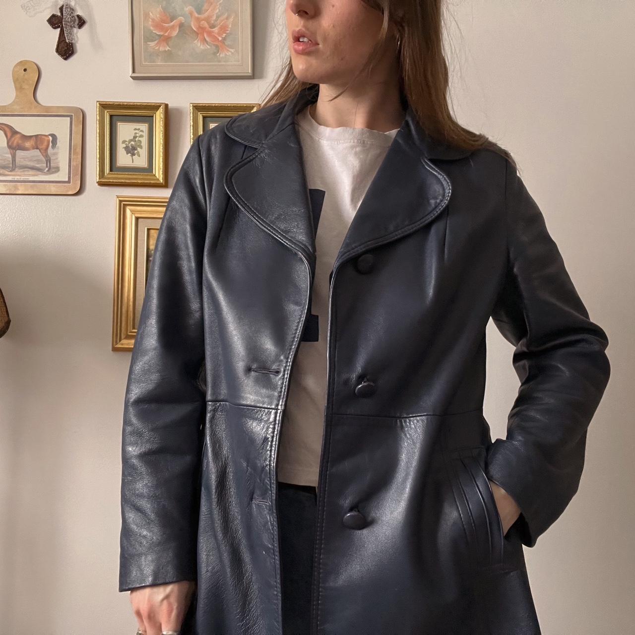 70s navy blue leather trench jacket (M)