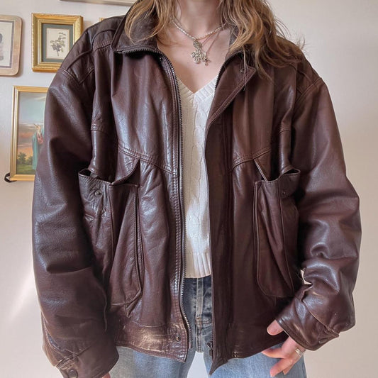 Brown leather bomber jacket (XL)